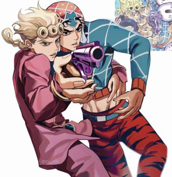 Rule 34 | 2boys, arm around shoulder, arm up, arrow (symbol), belt, black hair, blonde hair, blue belt, blue eyes, blue shirt, braid, brown eyes, commentary request, crop top, dutch angle, feet out of frame, floating hair, giorno giovanna, guido mista, hair rings, hand on another's hand, hat, highres, jacket, jojo no kimyou na bouken, korean commentary, long sleeves, male focus, midriff, multiple boys, outstretched arm, pants, parted lips, patterned clothing, pink jacket, pink pants, print pants, red hat, red pants, reference inset, shirt, short hair, single braid, twitter username, white background, zu okr