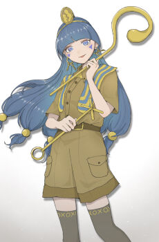 1girl blue_eyes blue_hair blunt_bangs brown_shirt brown_shorts earrings facial_mark fossilized_wonders gold gold_hairband gold_headdress gold_headwear hair_ornament hairband hiratose02_(mxx_459) holding holding_scepter jewelry key_earrings long_hair low-tied_long_hair michigami_nareko scepter shirt shorts solo sphere_hair_ornament thighhighs touhou triangle triangle_facial_mark usekh_collar