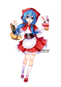 1girl alternate_costume baguette blue_eyes blue_hair bow bowtie bread commentary_request date_a_live dress eyepatch food frilled_dress frills full_body grandia_koori hand_puppet himekawa_yoshino hood little_red_riding_hood_(fairy_tale) long_hair low_twintails open_mouth picnic_basket puppet red_bow red_bowtie red_dress red_hood smile socks twintails two-tone_dress white_socks yoshinon
