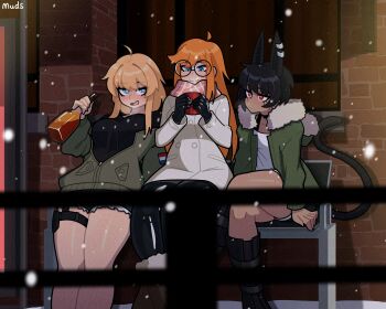 alcohol bench bodysuit bottle coat commission cup gloves latex latex_bodysuit latex_gloves makoto_(muds) muds mug original siri_jay snowing whiskey_project winter winter_clothes winter_coat