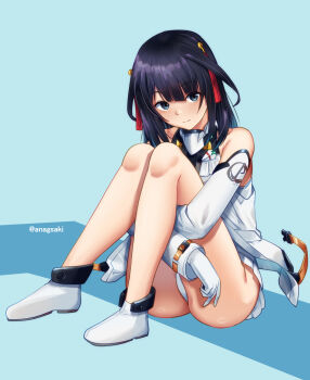 1girl agatsuma_kaede alice_gear_aegis aona_(anagasaki) artist_name black_eyes black_hair blue_background blunt_bangs blush closed_mouth commentary_request detached_sleeves gloves highres hugging_own_legs knees_up leotard shoes simple_background sitting smile solo thighs watermark white_gloves white_leotard white_shoes white_sleeves