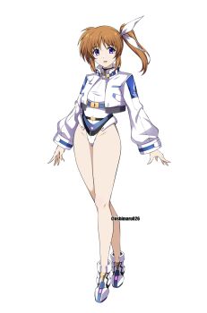 1girl adapted_costume breasts brown_hair commentary_request cropped_jacket full_body highleg highleg_leotard highres jacket leotard looking_at_viewer lyrical_nanoha mahou_shoujo_lyrical_nanoha medium_breasts oshimaru026 purple_eyes side_ponytail solo standing takamachi_nanoha variant_set white_background white_jacket white_leotard
