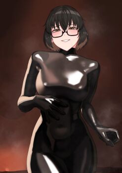 Rule 34 | 1girl, absurdres, black-framed eyewear, black bodysuit, black hair, bodysuit, breasts, brown eyes, colored inner hair, commentary request, gimp suit, glasses, gloves, highres, impossible bodysuit, impossible clothes, kilye kairi, latex, latex bodysuit, latex gloves, looking at viewer, multicolored hair, original, short hair, skin tight, smile, steaming body, two-tone hair