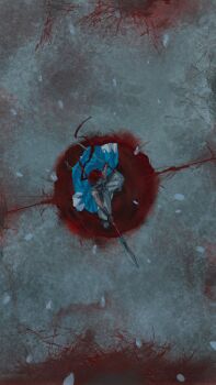 1boy bare_shoulders black_gloves blood blue_haori fate/grand_order fate_(series) from_above full_body gloves hakama hakama_skirt haori harada_sanosuke_(teal_haori_and_hakama)_(fate) highres holding holding_polearm holding_sword holding_weapon japanese_clothes muscular muscular_male panpa_888 polearm ponytail red_hair scar scar_on_arm skirt snowing solo standing sword weapon wide_shot