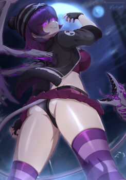 1girl absurdres ass bat_wings beanie_hat breasts fingerless_gloves glitch_productions gloves grin hat highres humanization large_breasts lipstick makeup murder_drones personification purple_eyes purple_hair purple_lips sideboob skirt smile solo striped_clothes striped_thighhighs tail thighhighs underwear uzi_(murder_drones) vilde_loh_hocen wings