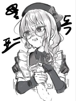 1boy 1girl anger_vein apron arm_warmers arms_up averting_eyes ayeon beret blank_censor bow braid buttoned_cuffs buttons censored clenched_teeth cropped_torso disembodied_penis disgust earrings erection frilled_straps frown glansjob glasses greyscale hair_over_shoulder handjob hat hat_bow heart hetero highres hololive hoshimachi_suisei hoshimachi_suisei_(maid) jewelry korean_text large_penis long_hair looking_to_the_side maid monochrome motion_lines nervous_sweating penis puffy_short_sleeves puffy_sleeves round_eyewear short_sleeves simple_background single_braid solo spiked_penis squiggle sweat tearing_up tears teeth translation_request turn_pale two-handed_handjob v-shaped_eyebrows virtual_youtuber white_background wing_collar