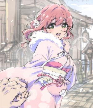 1girl breasts commentary_request cup double-parted_bangs floral_print floral_print_kimono flower fur-trimmed_kimono fur_trim green_eyes hair_flower hair_ornament hamuhamufa hanazono_hakari highres holding holding_cup japanese_clothes kimi_no_koto_ga_dai_dai_dai_dai_daisuki_na_100-nin_no_kanojo kimono large_breasts looking_at_viewer medium_hair obi pink_hair pink_kimono pov print_kimono sash snowing teeth upper_body upper_teeth_only
