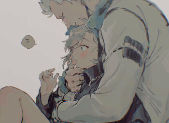 1boy 1girl absurdres asymmetrical_bangs black_jacket blush cigar collared_jacket commentary_request couple embarrassed finger_to_another&#039;s_mouth fur-trimmed_jacket fur-trimmed_sleeves fur_trim grey_background grey_eyes hetero highres jacket jitome kabane_(rjev8385) long_sleeves looking_at_another looking_down oc_x_canon one_piece original parted_lips profile short_hair simple_background sitting sitting_on_lap sitting_on_person small_sweatdrop smoker_(one_piece) speech_bubble swept_bangs translation_request white_hair white_jacket
