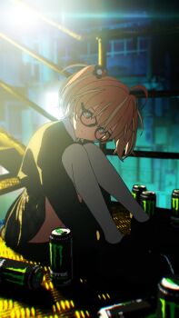 +_+ 1girl 3d ahoge black-framed_eyewear black_footwear black_jacket black_skirt blender_(medium) blonde_hair can cel_rendering cel_shading closed_mouth collared_shirt commentary_request convenient_censoring energy_drink expressionless flower full_body glasses hair_flower hair_ornament highres hugging_own_legs jacket knees_up long_sleeves looking_at_viewer medium_hair monster_energy multicolored_hair on_floor orange_hair plaid_clothes plaid_skirt product_placement purple_eyes rinne_(rinrinne) rinrinne rinrinne39_(artist) school_uniform shirt short_twintails sitting skirt solo split_mouth stairs streaked_hair thighhighs twintails virtual_youtuber white_shirt white_thighhighs