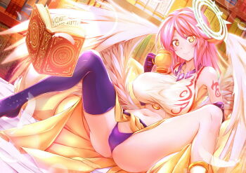 1girl angel_wings arm_support armpits asymmetrical_legwear bare_shoulders blush book bookshelf breasts cigar_cat closed_mouth collarbone commentary commission spiked_halo covered_erect_nipples crop_top cup elbow_gloves english_commentary engrish_commentary falling_feathers feathered_wings feathers floating floating_book floating_object gloves gradient_hair hair_between_eyes halo holding holding_cup jibril_(no_game_no_life) large_breasts long_hair looking_at_viewer low_wings midriff mismatched_legwear multicolored_hair navel no_game_no_life on_bed open_book panties pillow pink_hair purple_gloves purple_panties purple_thighhighs shirt sidelocks single_thighhigh sitting skindentation sleeveless sleeveless_shirt smile solo spread_legs tattoo taut_clothes taut_shirt thighhighs underwear very_long_hair white_shirt white_wings wing_ears wings yellow_eyes