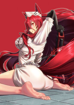 1girl animal_ears arknights arm_up ass bare_legs barefoot big_hair black_gloves breasts chainsaw dress elbow_gloves eyelashes feet frilled_dress frills from_behind full_body gloves hair_between_eyes hat highres holding impossible_clothes impossible_dress large_breasts long_hair long_sleeves looking_back narantuya_(arknights) red_background red_eyes red_hair red_tail short_dress simple_background smile soles solo tile_floor tiles toenails toes very_long_hair white_dress white_hat yamauchi_kouen
