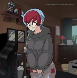1boy 1girl :3 alternate_breast_size animated artist_name between_legs black_eyes blue_bra blue_hair blush bouncing_breasts bra breasts closed_eyes closed_mouth clothes_lift collarbone cowboy_shot day embarrassed female_focus gen_2_pokemon glasses grey_hoodie grey_pantyhose hand_between_legs hood hood_down hoodie hoodie_lift indoors large_breasts lifting_own_clothes looking_afar looking_at_viewer looking_to_the_side multicolored_hair nervous nervous_sweating nintendo one_eye_closed panties panties_under_pantyhose pantyhose penny_(pokemon) pokemon pokemon_sv pov red_bra red_hair rimless_eyewear round_eyewear short_hair smugbluefaun solo standing subscribestar_username sweat tomboy two-tone_bra two-tone_hair umbreon underwear video watermark wavy_mouth white_panties window