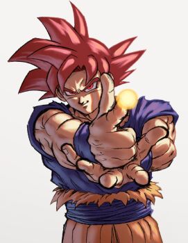 Rule 34 | 1boy, aiming, aiming at viewer, blue sash, blue shirt, blue wrist cuffs, closed mouth, cowboy shot, dragon ball, dragon ball super, finger gun, highres, male focus, medium hair, muscular, muscular male, orange pants, pants, red eyes, red hair, sash, shirt, simple background, smirk, solo, son goku, spiked hair, super saiyan, super saiyan god, sydoria, torn clothes, white background, wrist cuffs