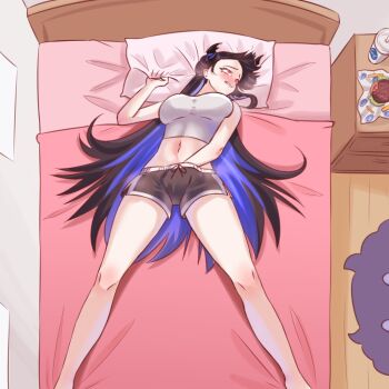 1girl black_hair black_horns black_shorts blue_hair breasts burger colored_inner_hair culver&#039;s cup disposable_cup female_masturbation food hololive hololive_english horns implied_masturbation indoors jailbird_(nerissa_ravencroft) long_hair lying masturbation medium_breasts multicolored_hair navel nerissa_ravencroft on_back on_bed photo-referenced red_eyes seekorplatypus shirt shorts solo sora_no_iro_mizu_no_iro virtual_youtuber white_shirt