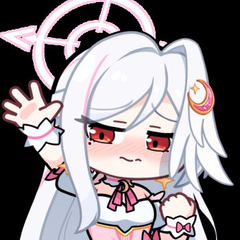 >_< 1girl acomu414 animated animated_gif blue_archive blush breasts chibi clenched_hand closed_eyes closed_mouth commentary_request crescent crescent_hair_ornament dress earrings hair_intakes hair_ornament halo head_wings jewelry korean_commentary long_hair mole mole_under_eye multicolored_hair pink_hair red_eyes simple_background single_head_wing small_breasts solo streaked_hair suzumi_(blue_archive) suzumi_(magical)_(blue_archive) transparent_background two-tone_hair v white_dress white_hair wings