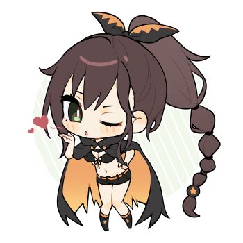 1girl :o ;o belt bikini bikini_top_only black_bikini black_boots black_cape black_ribbon black_shorts blowing_kiss blush_stickers boots breasts brown_hair cape chibi chibi_only cleavage commentary extra_pupils front-tie_bikini_top front-tie_top full_body green_eyes hair_between_eyes hair_ribbon hand_on_own_hip heart high_ponytail highres knee_boots kuroe_mio long_hair looking_at_viewer medium_breasts multi-tied_hair navel one_eye_closed open_mouth orange_belt orange_cape ponytail re:zero_kara_hajimeru_isekai_seikatsu ribbon shaula_(re:zero) short_shorts shorts sidelocks solo standing star_(symbol) stomach swimsuit two-tone_cape