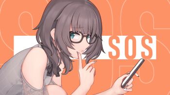 Rule 34 | 1girl, :t, absurdres, aqua eyes, bare shoulders, blunt bangs, brown-framed eyewear, brown hair, brown nails, checkered nails, clothing cutout, commentary request, english text, finger to mouth, glasses, grey shirt, highres, holding, holding phone, hololive, jirai kei, knees up, looking at viewer, medium hair, multicolored nails, nail polish, natsuiro matsuri, natsuiro matsuri (casual), nokonata, official alternate costume, orange background, parody, phone, plaid clothes, plaid shirt, pout, see-through clothes, see-through sleeves, shirt, shoulder cutout, sideways glance, solo, sos (idolmaster), upper body, virtual youtuber, white nails