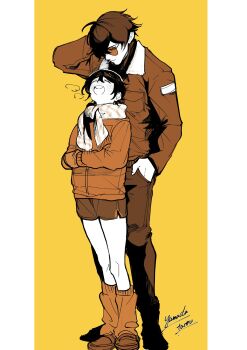 03_kyv 1boy 1girl alternate_costume alternate_hair_color arm_behind_head belle_(zenless_zone_zero) black_hair blush brown_jacket brown_pants brown_shoes brown_shorts closed_mouth commentary hair_between_eyes half-closed_eyes hand_in_pocket hetero highres jacket leg_warmers light_smile lighter_(zenless_zone_zero) looking_at_another looking_down open_mouth orange_jacket orange_leg_warmers own_hands_together pants scarf shoes short_hair shorts signature standing steam striped_clothes striped_scarf sunglasses symbol-only_commentary toothpick white_scarf yellow_background zenless_zone_zero