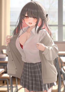 1girl blurry blurry_background blush bra bra_peek breasts brown_hair chair classroom cleavage commentary_request curtains desk fang grey_jacket grey_skirt highres indoors jacket large_breasts long_hair long_sleeves looking_at_viewer monaka_curl one_side_up open_clothes open_jacket open_mouth original plaid_clothes plaid_skirt pleated_skirt red_bra red_eyes school_chair school_desk school_uniform shirt skirt smile solo underwear white_shirt