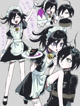 2boys ahoge alternate_costume apron bell black_dress black_hair blush bound bound_arms commentary_request crossdressing crossdressing_(mtf) danganronpa_(series) danganronpa_v3:_killing_harmony dress enmaided feeding flipped_hair frilled_apron frills grey_background hair_between_eyes happy highres holding holding_tray jacket maid maid_apron maid_headdress male_focus monokuma multiple_boys neck_bell oma_kokichi open_mouth puffy_short_sleeves puffy_sleeves purple_eyes purple_hair saihara_shuichi short_hair short_sleeves sitting smile standing thigh_strap translation_request trap tray usagi_mi_nagi v waving white_apron wrist_cuffs yaoi yellow_eyes