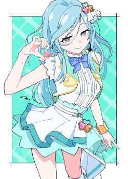 Rule 34 | 1girl, aqua background, bare shoulders, blue bow, blue bowtie, blue hair, border, bow, bowtie, bright pupils, closed mouth, clover hair ornament, commentary request, feet out of frame, grey eyes, hair ornament, half-heart hands, headset, heart, highres, hinomori shizuku, jacket, looking at viewer, miniskirt, mole, mole under mouth, outside border, project sekai, shirt, skirt, sleeveless, sleeveless jacket, smile, solo, split mouth, sweat, tanaka3, white border, white jacket, white pupils, white shirt, white skirt