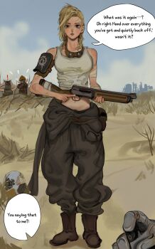 Rule 34 | !, 1girl, 3boys, absurdres, armor, blonde hair, cloud, cloudy sky, commentary, english text, expressionless, fallout, grass, gun, highres, holding, holding gun, holding weapon, kkghost tv, long hair, looking at viewer, mask, morning, multiple boys, outdoors, panicking, post-apocalypse, power armor, power armor (fallout), raider (fallout), robbery, scar, shotgun, sky, surprised, tall grass, tomboy, weapon