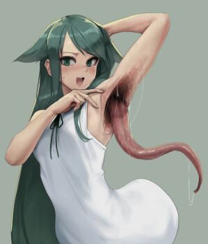 1girl :d arm_behind_head arm_up armpits bare_arms blush body_horror dress eldritch_abomination eu03 extra_mouth green_background green_eyes green_hair hair_flaps hand_on_own_head hand_up horror_(theme) long_hair looking_at_viewer monster_girl non-web_source open_mouth saliva saya_(saya_no_uta) saya_no_uta simple_background sleeveless sleeveless_dress smile solo sweatdrop teeth tongue tongue_out upper_teeth_only very_long_hair what white_dress