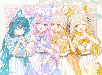 Rule 34 | 4girls, animal ears, apron, bare shoulders, belt, blonde hair, blue bow, blue bowtie, blue dress, blue eyes, blue hair, blue hat, bow, bowtie, braid, breasts, brooch, cat ears, cleavage, colored inner hair, commentary request, commission, detached sleeves, dress, flower, frilled hat, frills, gloves, gradient eyes, green dress, grey hair, hat, hat flower, heart, heart brooch, highres, holding hands, jewelry, layered dress, long hair, looking at another, maid apron, maid headdress, medium breasts, multicolored dress, multicolored eyes, multicolored hair, multiple girls, off-shoulder dress, off shoulder, one eye closed, open mouth, original, pink eyes, pink hair, puffy short sleeves, puffy sleeves, rabbit ears, roena, short sleeves, skeb commission, smile, streaked hair, upper body, white apron, white dress, white flower, white gloves, white headdress, witch, witch hat, yawning, yellow bow, yellow bowtie, yellow dress, yellow eyes