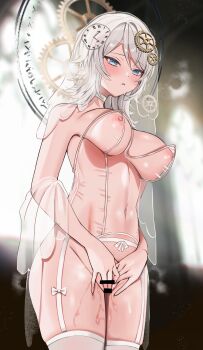 1girl absurdres bar_censor blue_eyes blush bow breasts censored choker clock commission dress e.g.o_(project_moon) everlasting_(e.g.o) faust_(project_moon) garter_belt garter_straps gears highres limbus_company medium_breasts medium_hair mu46016419 nipples pixiv_commission project_moon pussy_juice see-through_clothes see-through_dress solo sweatdrop thighhighs veil wedding_dress white_choker white_hair white_thighhighs