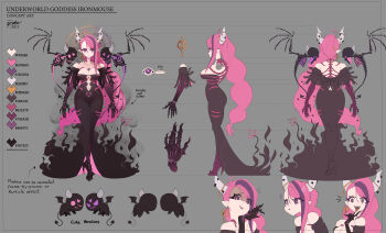 1girl absurdres black_dress black_shoes breasts cleavage closed_mouth commentary demon_girl demon_horns dress english_commentary epebe high_heels highres horns ironmouse ironmouse_(underworld_goddess) large_breasts long_hair looking_at_viewer official_alternate_costume official_alternate_hairstyle official_art open_mouth pink_hair purple_eyes purple_streaks shoes third_eye_on_chest tongue tongue_out very_long_hair vshojo