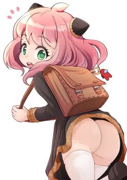 1girl ahoge among_us anya_(spy_x_family) ass backpack bag bag_charm black_dress charm_(object) cone_hair_bun cowboy_shot dress female_focus from_behind green_eyes hair_bun loli looking_at_viewer looking_back medium_hair no_panties pink_hair simple_background solo spy_x_family standing thighhighs thighs tomagiri white_background white_thighhighs
