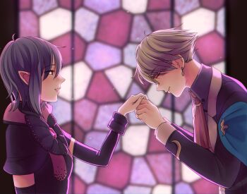 1boy 1girl black_capelet blonde_hair capelet closed_eyes closed_mouth earrings fingernails from_side gelwein_(rune_factory) grey_hair holding_hands iris_noire jewelry light_blush parted_lips pink_lips pointy_ears raripop red_eyes rune_factory rune_factory_frontier short_hair smile stained_glass upper_body