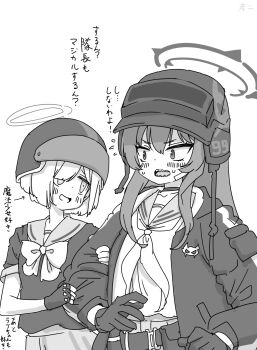 2girls blue_archive blush bow bowtie choker commentary_request fingerless_gloves flying_sweatdrops gloves greyscale halo helmet helmet_gangster_(blue_archive) highres jacket long_hair looking_at_another monochrome multiple_girls neckerchief nishino_hikoji rabu_(blue_archive) school_uniform serafuku sharp_teeth short_hair simple_background smile straight_hair sweatdrop teeth translation_request white_background yuri