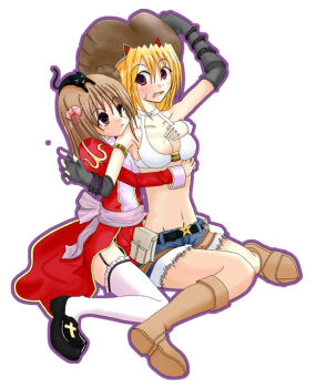 2000s_(style) 2girls animal animal_on_head belt belt_buckle belt_pouch bikini bikini_top_only black_belt black_cat black_shoes blonde_hair blue_shorts blush boots bow breasts brown_boots brown_eyes brown_hair buckle cat cat_on_head cleavage commentary_request cross dress elbow_gloves fingerless_gloves full_body fur-trimmed_shorts fur_trim garter_straps gloves grey_gloves hair_bow high_priest_(ragnarok_online) hug hug_from_behind juliet_sleeves long_hair long_sleeves looking_at_another medium_breasts multiple_girls on_head open_mouth pink_bow pouch puffy_sleeves purple_dress purple_sash ragnarok_online red_dress sash shoes short_shorts shorts simple_background sitting smile star_(symbol) suisui_(hakkindou) swimsuit thighhighs two-tone_dress white_background white_bikini white_thighhighs whitesmith_(ragnarok_online)