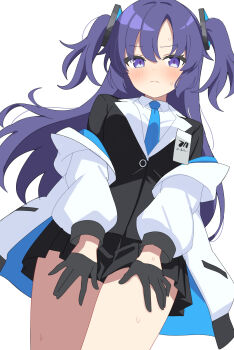 Rule 34 | 1girl, black gloves, black skirt, black suit, blue archive, blue jacket, blue necktie, blush, breasts, closed mouth, collared shirt, commentary, cowboy shot, dot nose, eyes visible through hair, formal clothes, foulo paints, frown, gloves, hair ornament, half gloves, highres, id card, jacket, long hair, long sleeves, looking at viewer, medium breasts, miniskirt, necktie, off shoulder, open clothes, open jacket, parted bangs, pleated skirt, purple eyes, purple hair, red pupils, shirt, sidelocks, simple background, skirt, solo, suit, sweatdrop, thighs, triangle hair ornament, two-sided fabric, two side up, white background, white jacket, white shirt, yuuka (blue archive)