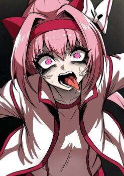 Rule 34 | 1girl, animal ears, ear covers, fingerless gloves, gloves, haru urara (bestest prize) (umamusume), haru urara (umamusume), headband, highres, horse ears, horse girl, j.k. (style), jacket, long hair, nagai negi, open mouth, pink hair, ponytail, shirt, smile, solo, umamusume, white jacket, white shirt