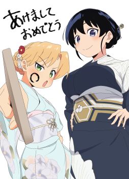 2girls 4uys alternate_costume arato_nagi black_eyes black_hair black_kimono blonde_hair body_writing feet_out_of_frame green_eyes hair_ornament hair_up hand_on_own_hip highres holding japanese_clothes kimono long_hair looking_at_viewer multiple_girls obi open_mouth ruri_no_houseki sash simple_background smile standing tanigawa_ruri translation_request white_background white_kimono