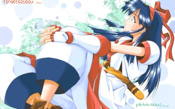 1girl ainu_clothes artist_name bad_id black_hair blue_eyes bow character_name dated fingerless_gloves gloves hair_bow hairband knee_up long_hair looking_up mikazuki_akira! nakoruru pants pc-98_(style) red_bow red_hairband samurai_spirits sash sheath sheathed sidelocks sitting solo white_gloves white_pants yellow_sash