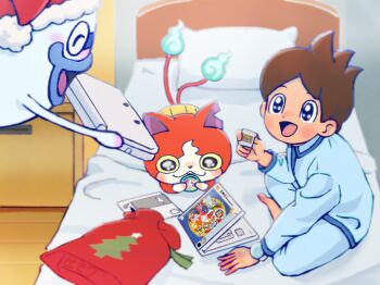 amano_keita bad_tag barefoot bed bedroom blanket blush brown_hair cat child christmas ghost handheld_game_console hat jibanyan level-5 lying nintendo_3ds on_bed pajamas pillow santa_hat sekina1097 shota sitting smile whisper_(youkai_watch) youkai_watch