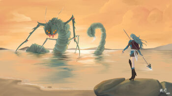 1girl alternate_costume alternate_form antennae arm_guards armor artist_name atmospheric_perspective belt blue_hair blue_skin boots boulder brown_jacket bug capelet carapace centipede chinese_commentary chinese_text chitin cloud cloudy_sky colored_skin commentary competition creative_commons creative_commons_version_4 creative_commons_with_attribution creative_commons_with_share-alike dated english_commentary epic giant giant_insect giant_male giant_monster glowing glowing_eyes glowing_weapon hair_blowing high_heel_boots high_heels highres holding holding_behind_back holding_polearm holding_polearm_behind_back holding_spear holding_weapon holding_weapon_behind_back horns imminent_fight in_water insignia jacket joints knee_boots long_hair looking_afar looking_at_another mandibles mascot mascots millipede monster mountainous_horizon no_socks orange_background orange_eyes outdoors pauldrons polearm puzzle_piece ran_deng reflection reflective_liquid rock scenery shore shoulder_armor sky spear spiked_shell spiked_tail standing standing_on_object standing_on_one_leg stinger tail water weapon white_belt wikipe-tan wikipede wikipedia