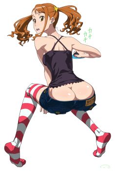 10s 1girl anjou_naruko ano_hi_mita_hana_no_namae_wo_bokutachi_wa_mada_shiranai. ass brown_eyes brown_hair butt_crack denim denim_shorts earrings female_focus highres jewelry looking_back md5_mismatch mooning short_shorts shorts simple_background solo striped_clothes striped_thighhighs suna_(sandworks) thighhighs zettai_ryouiki