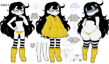 1boy 1girl black_hair blue_eyes boots closed_mouth crop_top dizzyspells english_text flat_chest full_body hair_ornament hand_on_own_hip highres hood hood_down jacket kyojiri_loli loli long_hair midriff multiple_views navel original panties simple_background smile standing striped_clothes striped_thighhighs sun sweat thick_eyebrows thighhighs thong underwear very_long_hair white_background