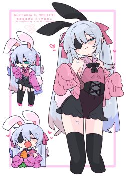1boy :3 :o animal_ear_hairband animal_ears bare_shoulders black_bow black_bowtie black_choker black_corset black_hairband black_ribbon black_skirt black_thighhighs blue_eyes blush bow bowtie bulge cardigan carrot choker closed_eyes colored_tips commentary corset covered_navel crossdressing crossdressing_(mtf) drooling earclip extra_ears eyepatch fake_animal_ears feet_out_of_frame flipped_hair full_body hair_between_eyes hair_bow hair_intakes hairband hand_up hands_up heart highleg highleg_leotard highres holding holding_carrot leotard long_hair long_sleeves looking_at_viewer male_focus multicolored_hair multiple_views narrowed_eyes neck_ribbon no_nose off_shoulder one_eye_covered op_na_yarou open_cardigan open_clothes open_mouth original parted_lips pink_bow pink_cardigan pink_leotard pink_shoes quad_tails rabbit_boy rabbit_ear_hairband rabbit_ears rabbit_tail raised_inner_eyebrows red_hair ribbon rigel_(op_na_yarou) see-through_clothes see-through_skirt shoes sidelocks simple_background skirt sleeves_past_fingers sleeves_past_wrists straight_hair strapless strapless_leotard sweat tail teeth thighhighs thighs trap upper_body very_long_hair watermark white_background white_hair