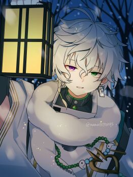 Rule 34 | 1boy, absurdres, bare tree, bead necklace, beads, commentary, earrings, fur scarf, green eyes, half-closed eyes, hanafuda earrings, highres, holding, holding lantern, japanese clothes, jewelry, kariginu, lantern, looking at viewer, magatama, male focus, murakumo kagetsu, murakumo kagetsu (1st costume), nana72710193, necklace, night, nijisanji, outdoors, purple eyes, scarf, short hair, single earring, snow, solo, tree, twitter username, upper body, virtual youtuber, white hair, white scarf