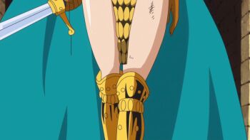 1girl animated animated_gif anime_screenshot armor bikini_armor boots breasts cape curvy gladiator gloves green_cape helmet holding holding_sword holding_weapon huge_breasts navel one_piece pink_hair rebecca_(one_piece) revealing_clothes shiny_skin sword thighs walking weapon