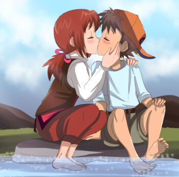 Rule 34 | 1boy, 1girl, bare legs, barefoot, baseball cap, blush, brown hair, commission, feet, feet in water, grass, hair ornament, hat, highres, hikariangelove, holly (monster farm), kiss, monster farm, mountain, pants, red hair, red pants, red vest, river, rock, sakura genki, shirt, shirt under vest, shorts, sitting, sitting on rock, sky, soles, t-shirt, toles, vest, water