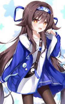 1girl black_nails blue_dress blue_hairband blue_jacket blush brown_hair dress genshin_impact hairband highres hu_tao_(genshin_impact) jacket leggings long_hair open_mouth red_eyes smile solo star_(symbol) very_long_hair white_background yottacc