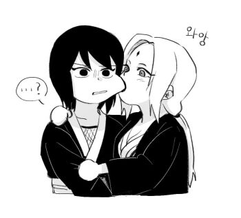 ... 2girls biting biting_cheek breasts cleavage commentary_request facial_mark forehead_mark greyscale japanese_clothes korean_commentary large_breasts may_c monochrome multiple_girls naruto_(series) ponytail shizune_(naruto) spoken_ellipsis tsunade_(naruto)