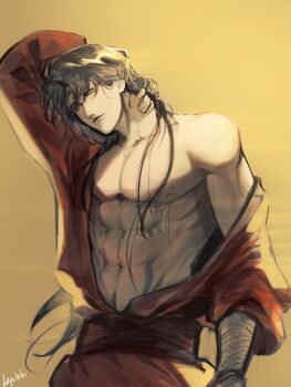 Rule 34 | 1boy, abs, absurdres, arm up, bandaged arm, bandages, black hair, commentary, cowboy shot, curtained hair, english commentary, hand on own neck, highres, logicsterrr, long hair, looking at viewer, male focus, muscular, muscular male, noctis (shadow slave), pectorals, red robe, robe, robe partially removed, shadow slave, sidelighting, smile, solo, yellow eyes