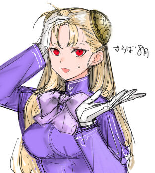 1girl :d breasts bun_cover capcom_fighting_jam commentary_request female_focus gloves hand_up ingrid_(capcom) jacket large_breasts long_sleeves looking_at_viewer open_mouth project_x_zone_2 purple_jacket red_eyes simple_background sketch smile solo sweatdrop tetsu_(kimuchi) upper_body white_background white_gloves